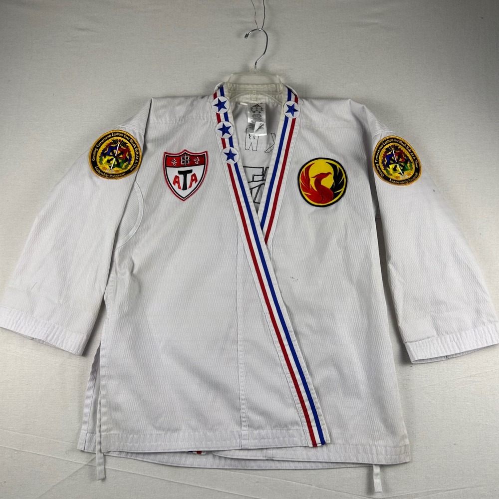 Adidas ATA Taekwondo Uniform Dobok Top White Sz 160 Leadership Patches E Andrus